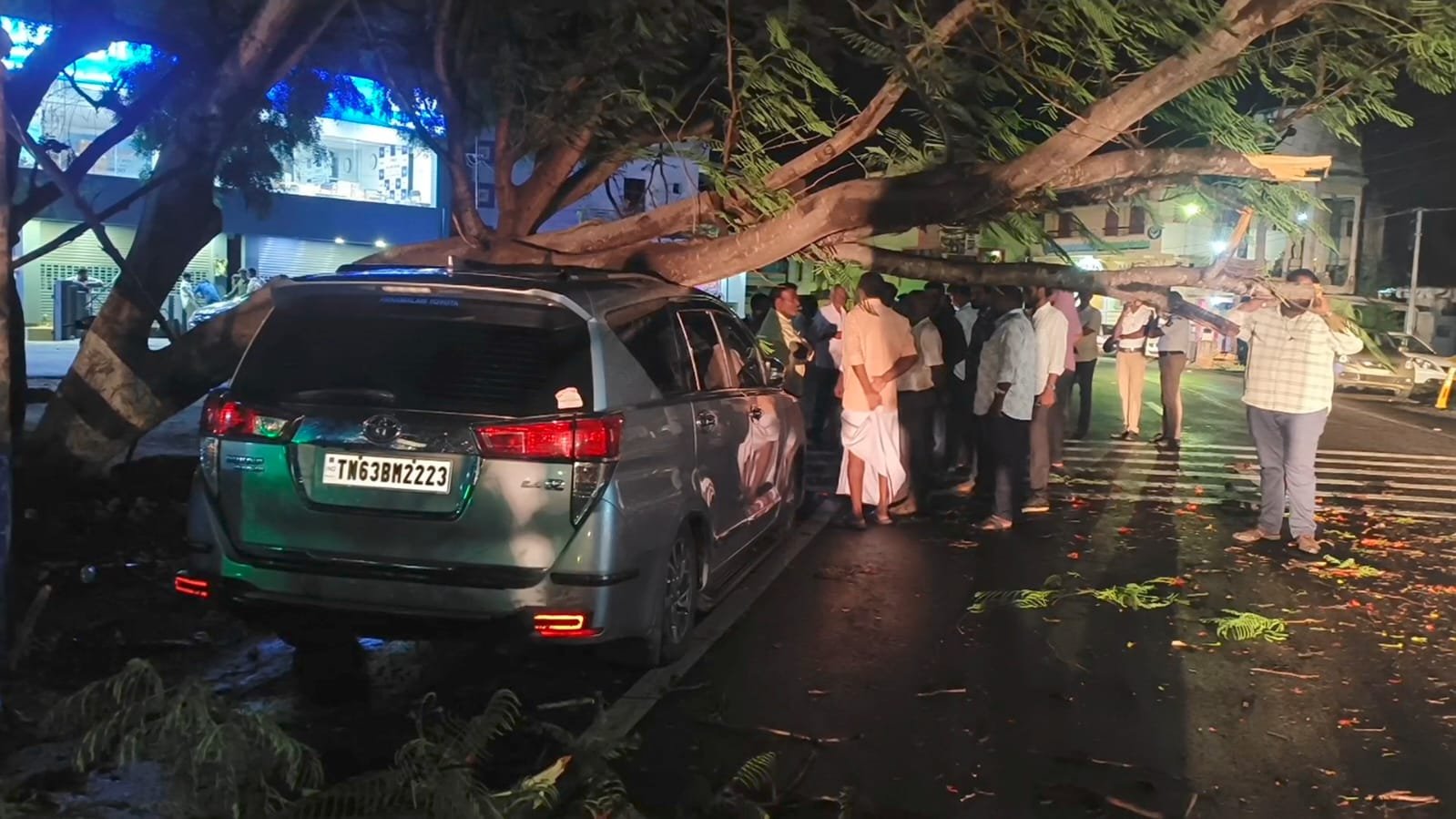 சிவகங்கையில் மழை எதிரொலி: சொகுசு கார் மீது விழுந்த மரம் &ndash; போக்குவரத்து பாதிப்பு